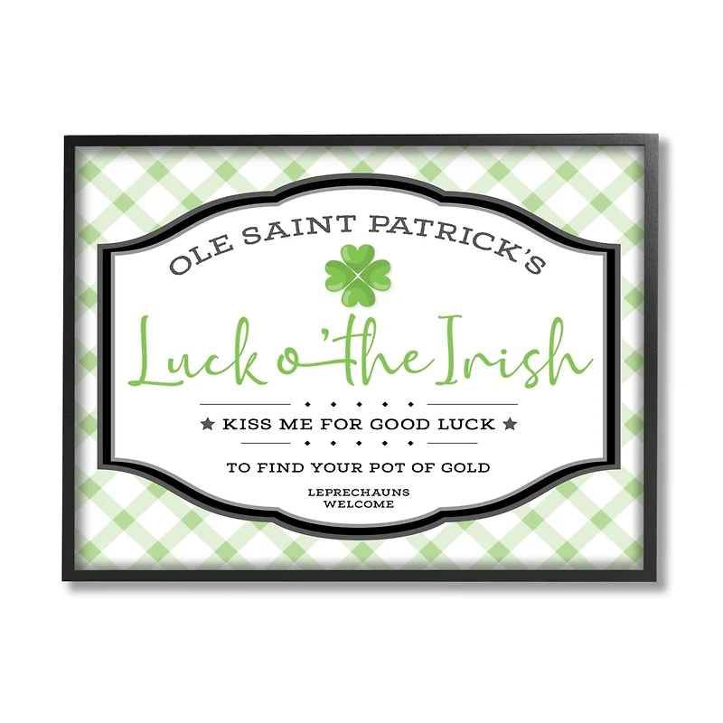 Stupell Industries Saint Patrick's Luck o'the Irish Sign Green Plaid Framed Giclee Art