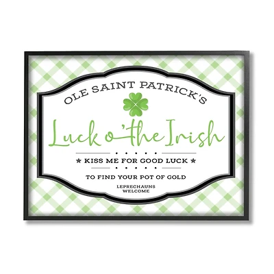 Stupell Industries Saint Patrick's Luck o'the Irish Sign Green Plaid Framed Giclee Art