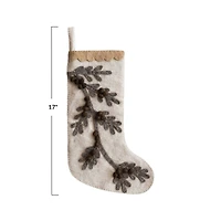Hello Honey® 17" Handmade Wool Felt Stocking with Appliqued Branch, Pom Poms & Scalloped Trim