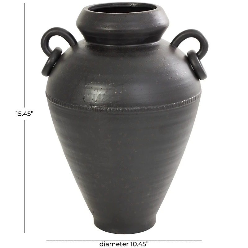 15" Black Ceramic Amphora Vase with Speckled Texture & Ring Handles