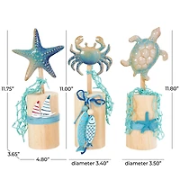 11" Blue Ceramic Sea Life Ombre Sculpture Set