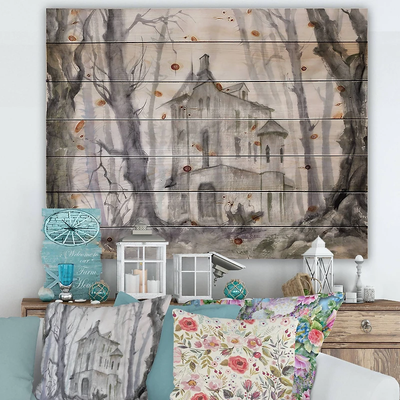 Designart - Haunted Castle In The Woods - Traditional Print on Natural Pine Wood