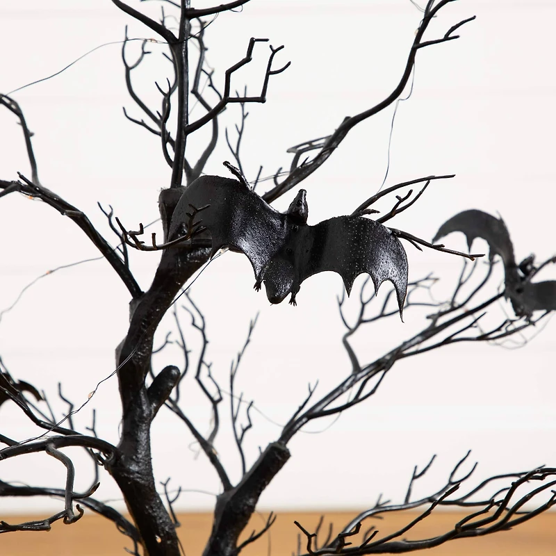 3ft. Pre-Lit Artificial Halloween Black Spooky Twig Tree with Bats and 100 Orange & Purple LED Lights