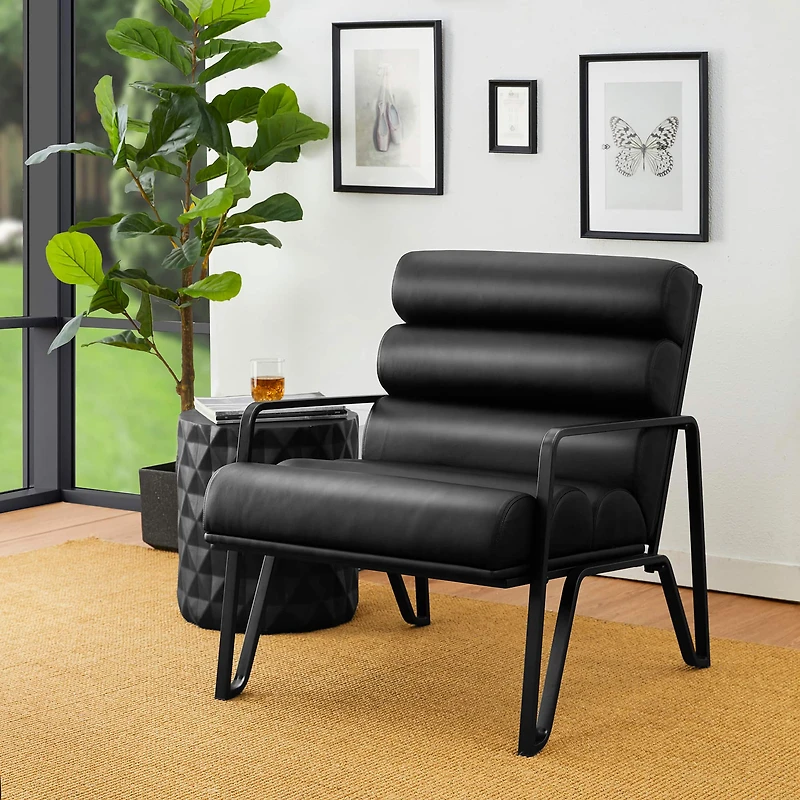 Glitzhome® 26.7" Black Wavy Faux Leather Accent Armchair