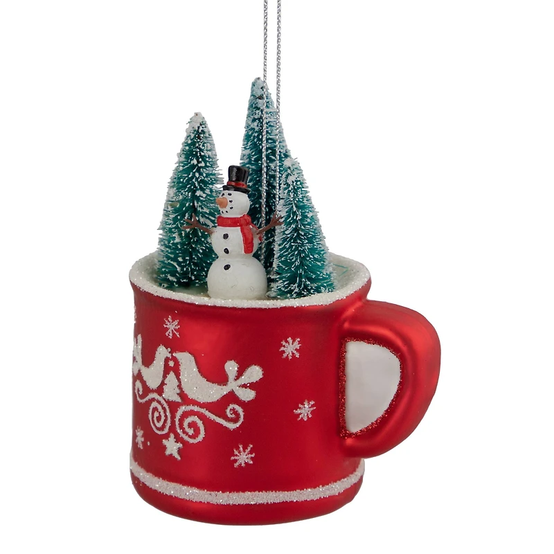 4.25" Christmas Trees & Snowman in a Cup Glass Ornament