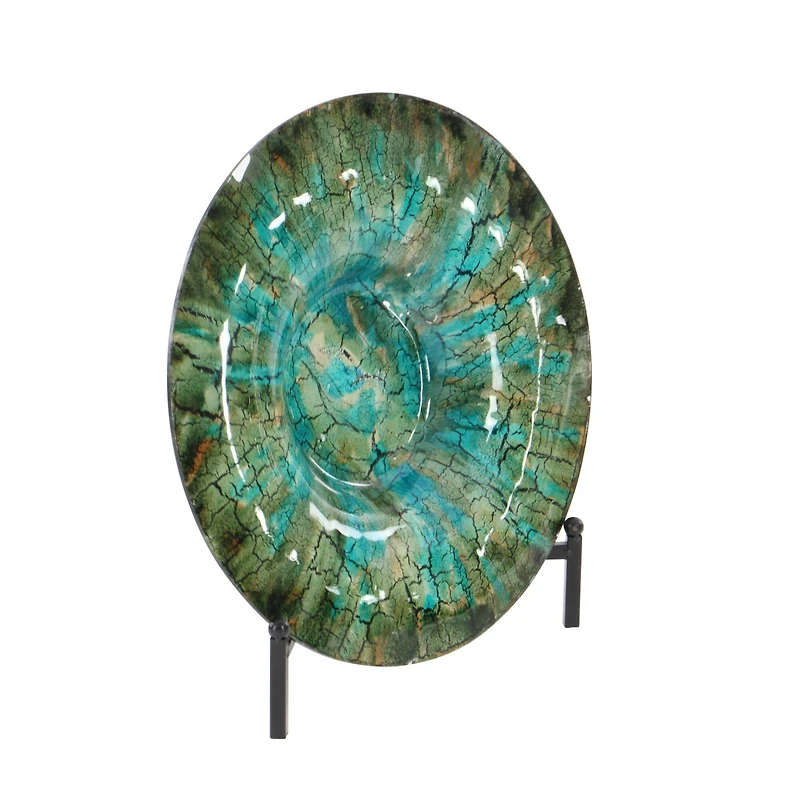 18" Green & Turquoise Glass Glam Decorative Plate with Stand