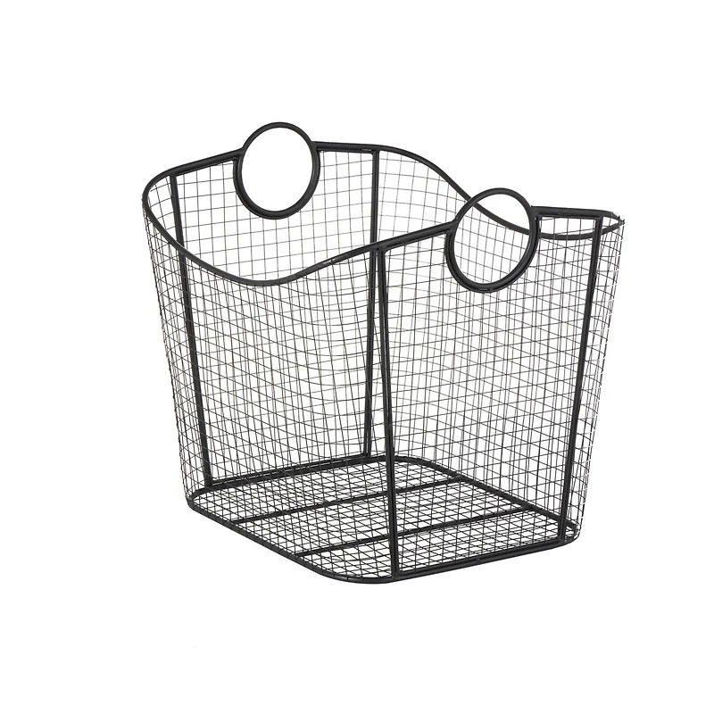 20" Black Metal Storage Basket with Curved Sides & Ring Handles