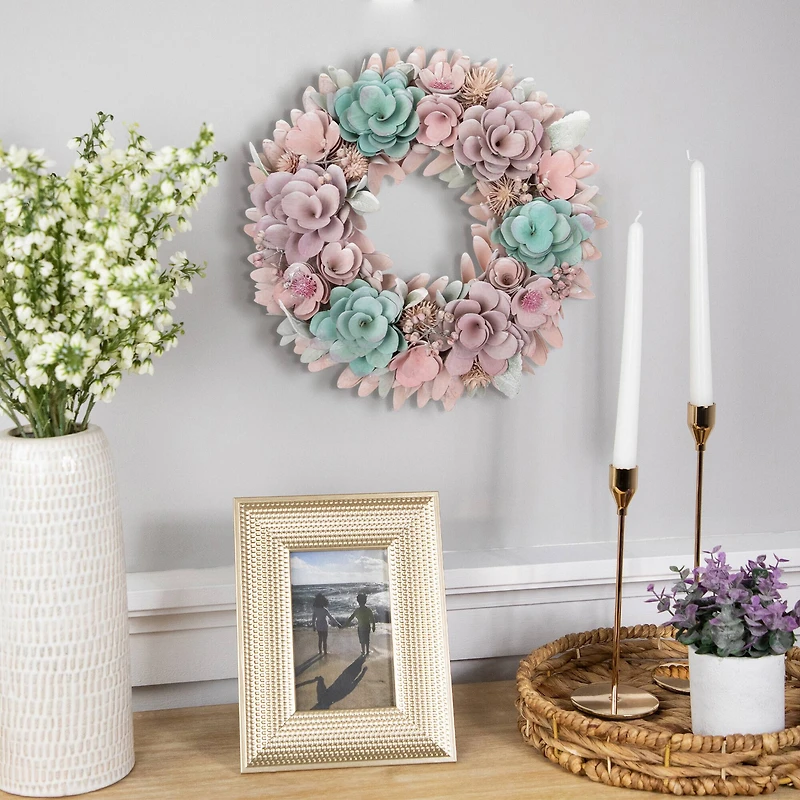 13.5" Wooden Floral Artificial Spring Wreath with Thistles
