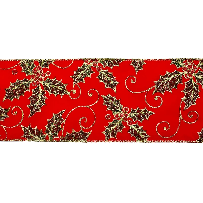 3.5" x 25ft. Red Glitter Holly Wired Ribbon by Celebrate It®