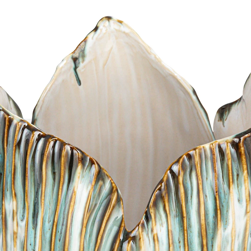 Hello Honey® 12" Green & White Pleated Sculptural Stoneware Vase with Reactive Glaze