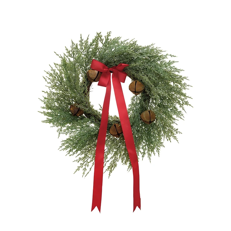 Hello Honey® 24" Round Mixed Pine Wreath with Red Ribbon & Rust Finish Metal Bells