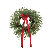 Hello Honey® 24" Round Mixed Pine Wreath with Red Ribbon & Rust Finish Metal Bells