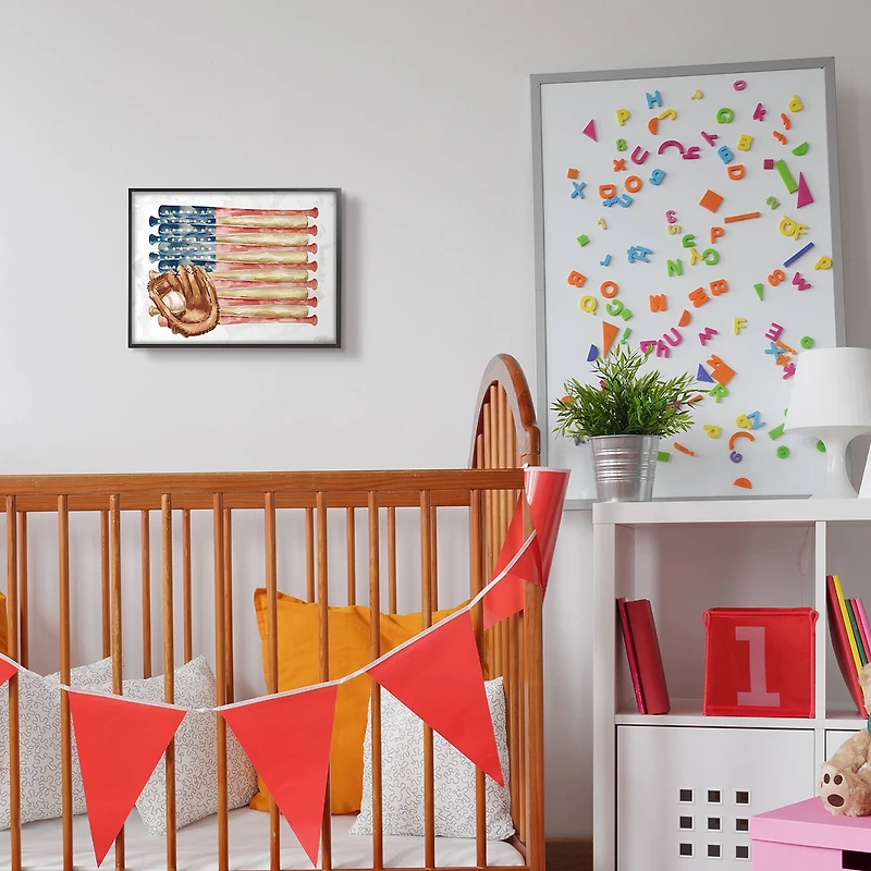 Stupell Industries American Baseball Flag Children's Sports Mitt Framed Wall Art