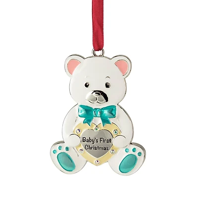 3" Pastel & Silver Plated Bear Baby's First Christmas Ornament with European Crystals