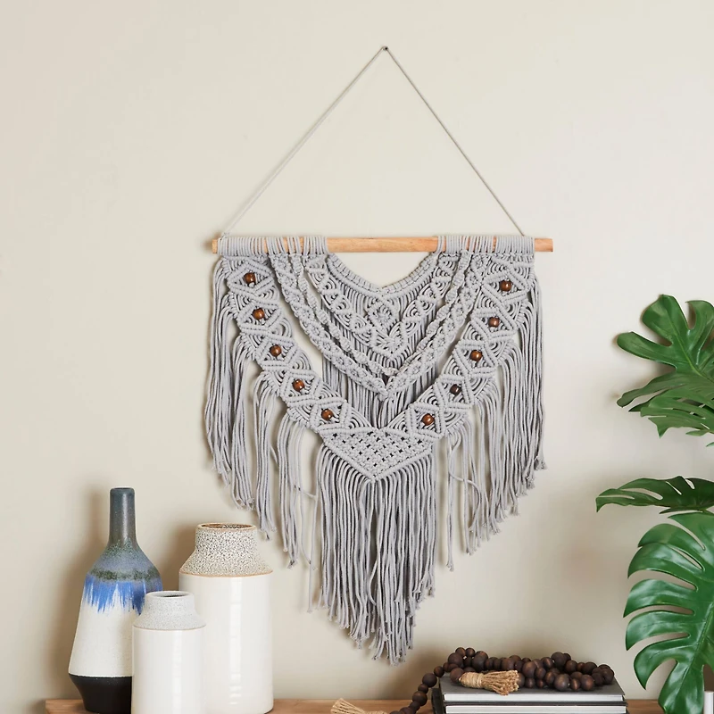 Gray Cotton Handmade Intricately Weaved Macrame Wall Decor with Beaded Fringe Tassels 32" x 1" x 42"