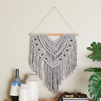Gray Cotton Handmade Intricately Weaved Macrame Wall Decor with Beaded Fringe Tassels 32" x 1" x 42"
