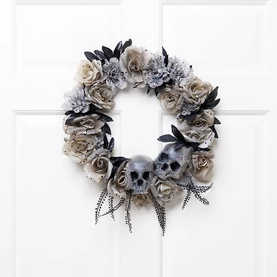 16" Double Skull & Gray Roses Halloween Wreath