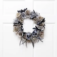 16" Double Skull & Gray Roses Halloween Wreath