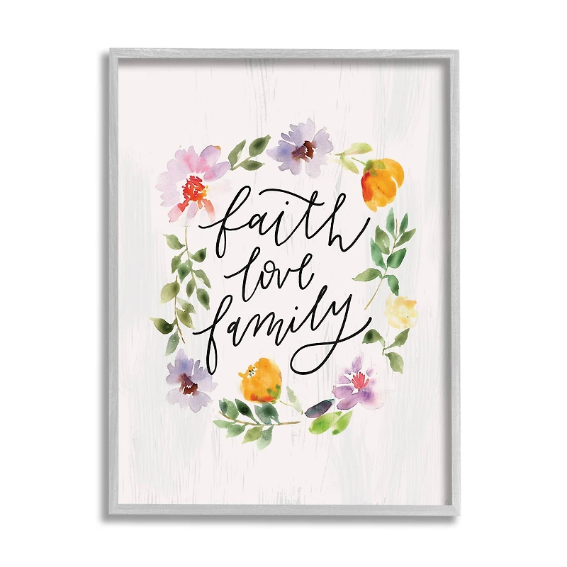 Stupell Industries Faith Love Family Quote Traditional Floral Wreath in Gray Frame Wall Art