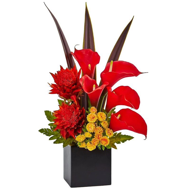 22.5" Red & Orange Tropical Floral & Calla Lily Mixed Arrangement in Vase