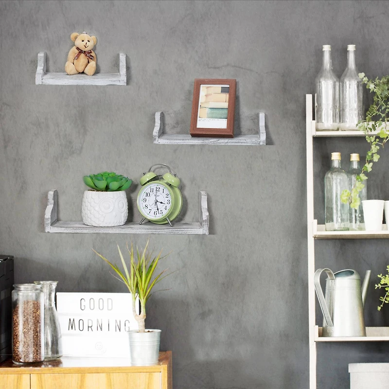 NEX™ Pale Gray Rustic Wood Floating Shelves Set with Metal Brackets