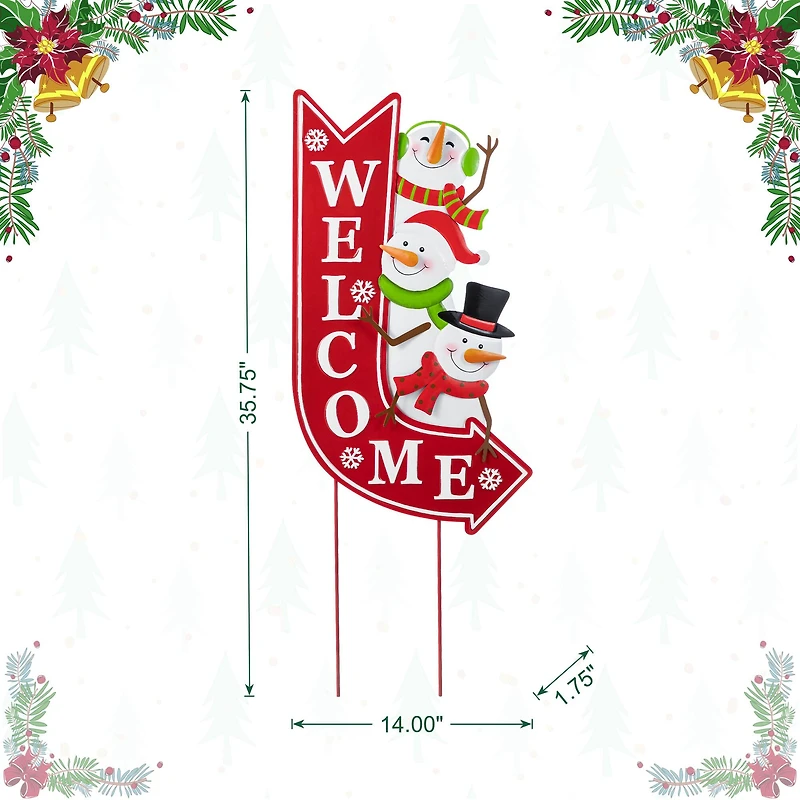 Glitzhome® 35.75" Metal Christmas Snowmen Arrow Welcome Yard Stake