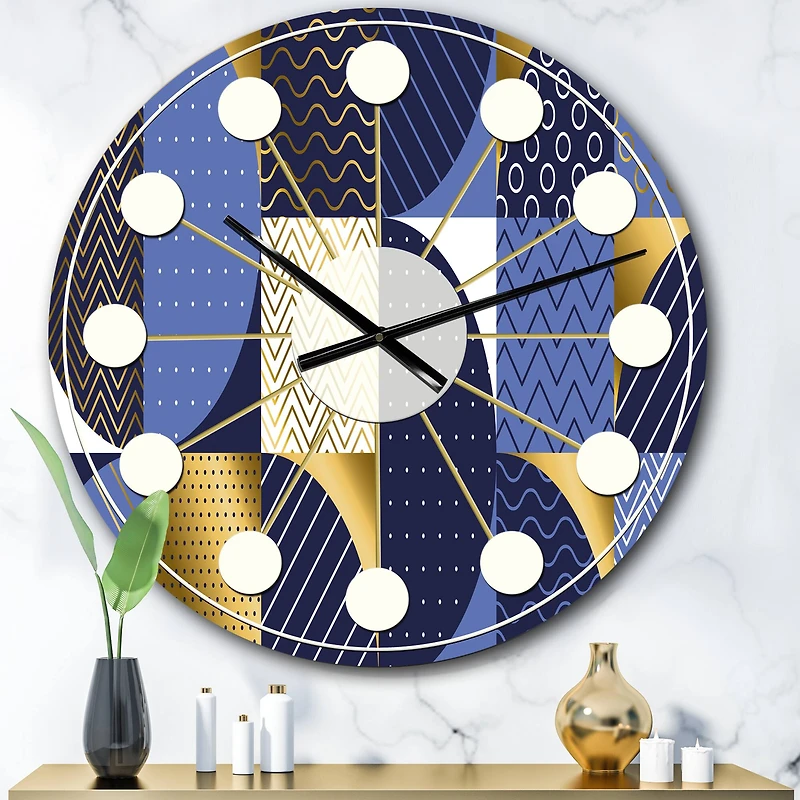 Designart 'Retro Luxury Waves In Gold And Blue Iv Mid-Century Modern Wall Clock