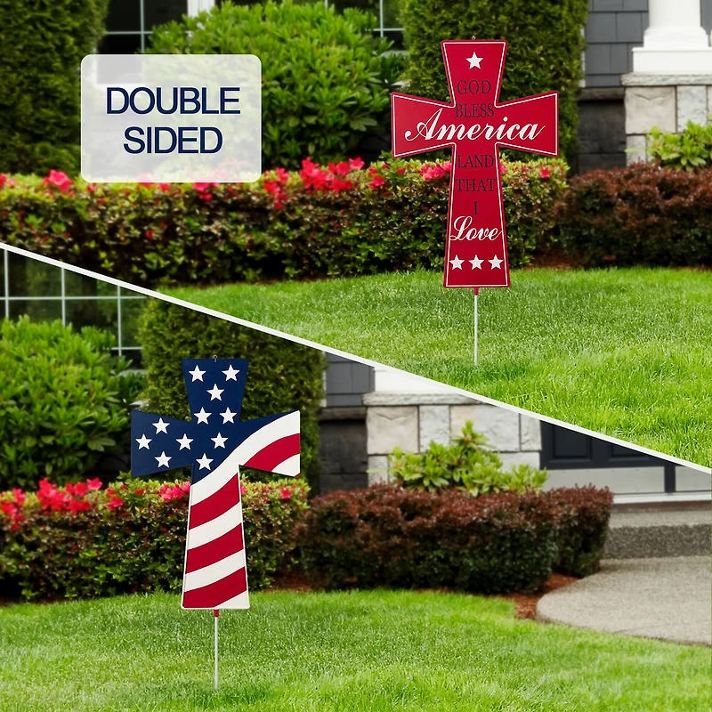 Glitzhome® 32" Patriotic Americana Double-Sided Metal Cross Yard Stake