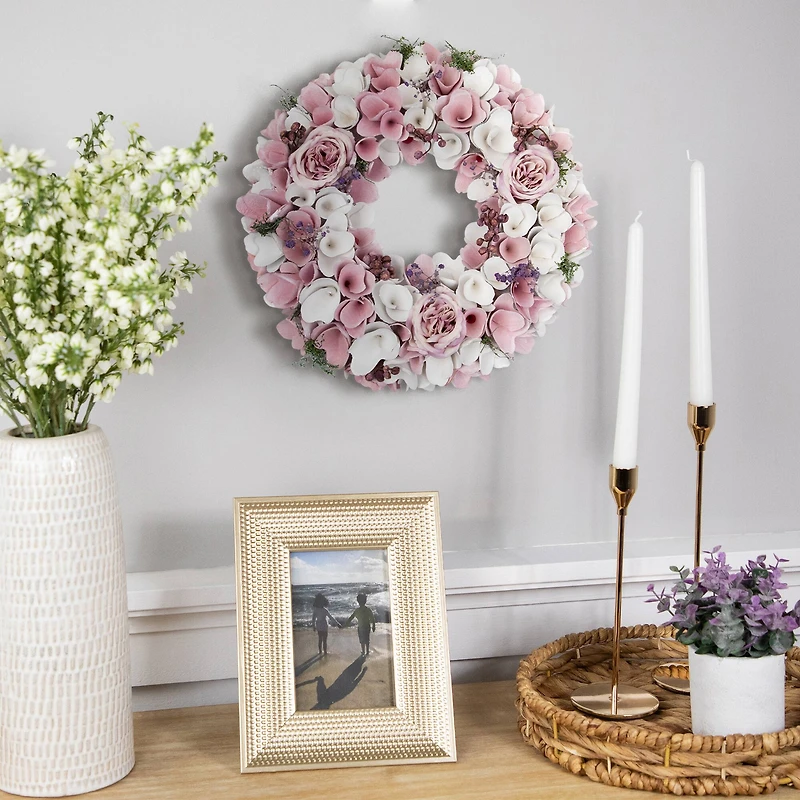 13.5" Pink & White Wooden Floral Spring Artificial Wreath with Berries