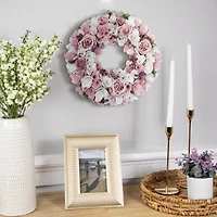 13.5" Pink & White Wooden Floral Spring Artificial Wreath with Berries