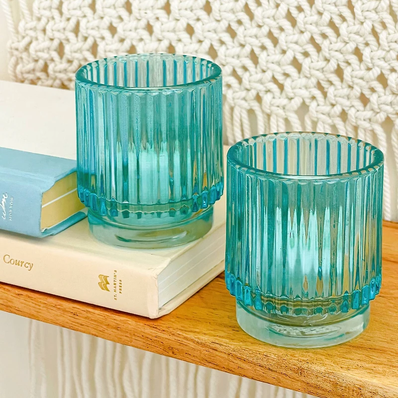 Kate Aspen® Ribbed Blue Glass Votive Candle Holder Set