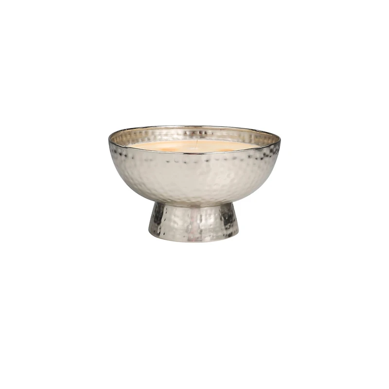 White Wax Jasmine Scented Candle with Elevated Wide Hammered Silver Container