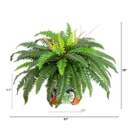 21" Artificial Boston Fern in Handmade Mexican Talavera Ceramic Planter