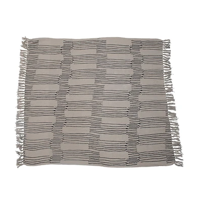 Hello Honey® 60" Recycled Cotton Blend Neutral Throw Blanket With Line Pattern & Fringe Edge