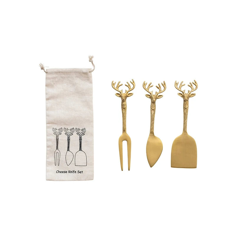 Hello Honey® 7" Brass Reindeer Handle Cheese Knives Set