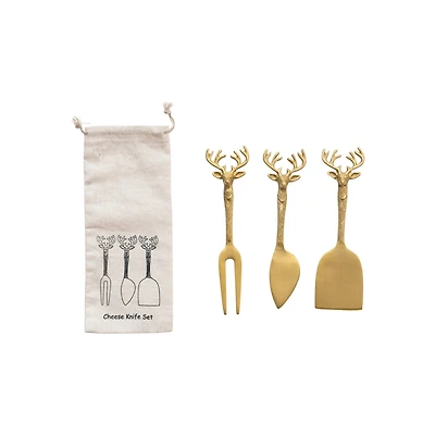 Hello Honey® 7" Brass Reindeer Handle Cheese Knives Set