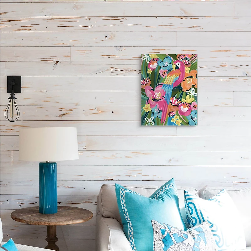 Stupell Industries Tropical Flowers and Parrot Whimsical Florals Canvas Wall Art