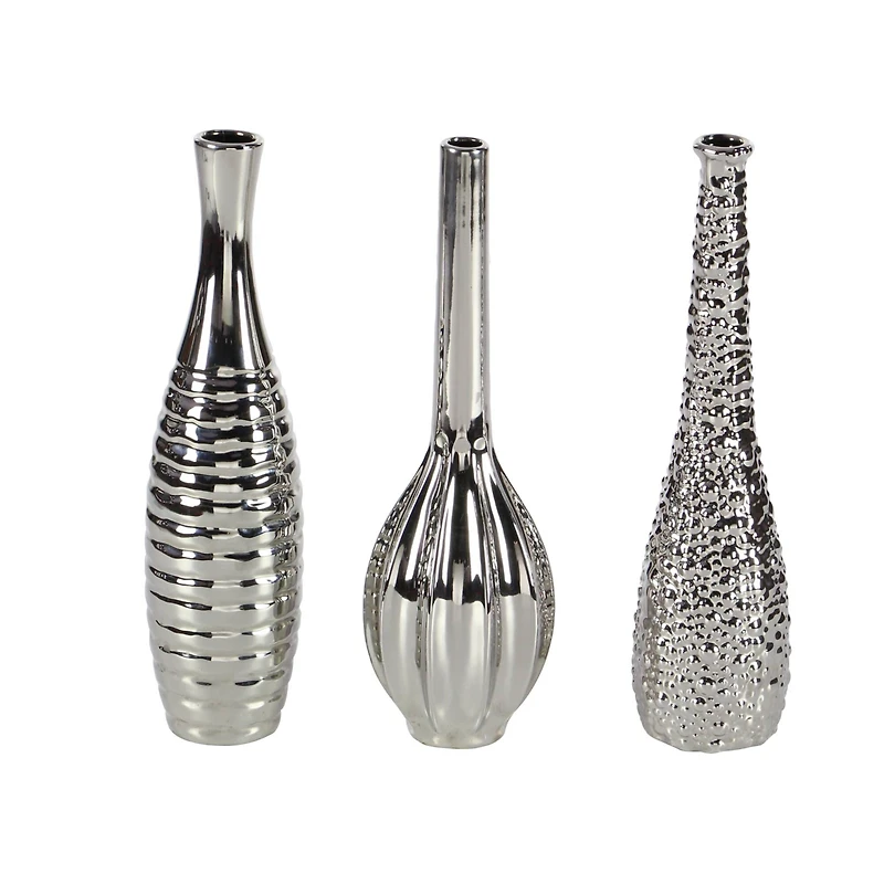 13" Silver Ceramic Glam Vase Set