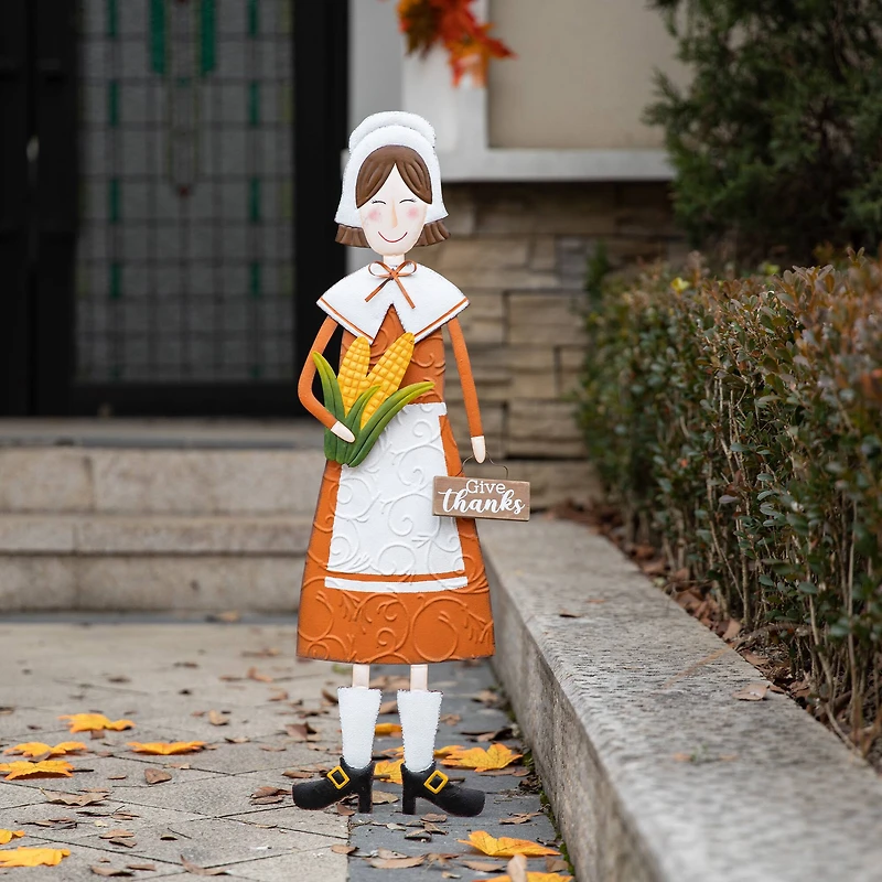 Glitzhome® 36" Metal Thanksgiving Pilgrim Girl Standing Or Hanging Yard Stake