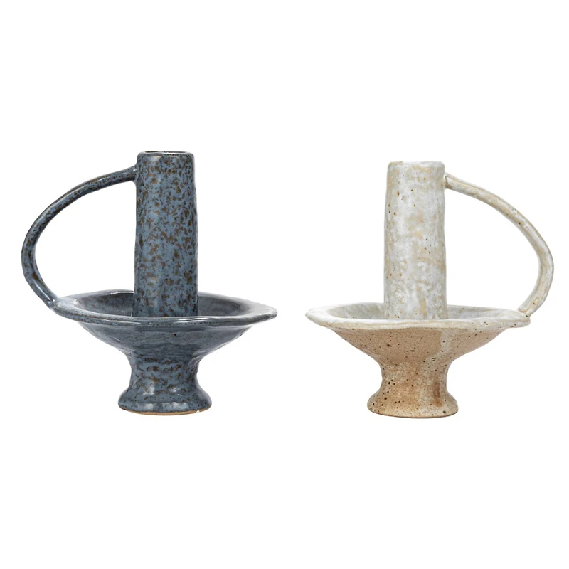 Hello Honey® 5.5" Round Stoneware Candle Holder with Handle Set