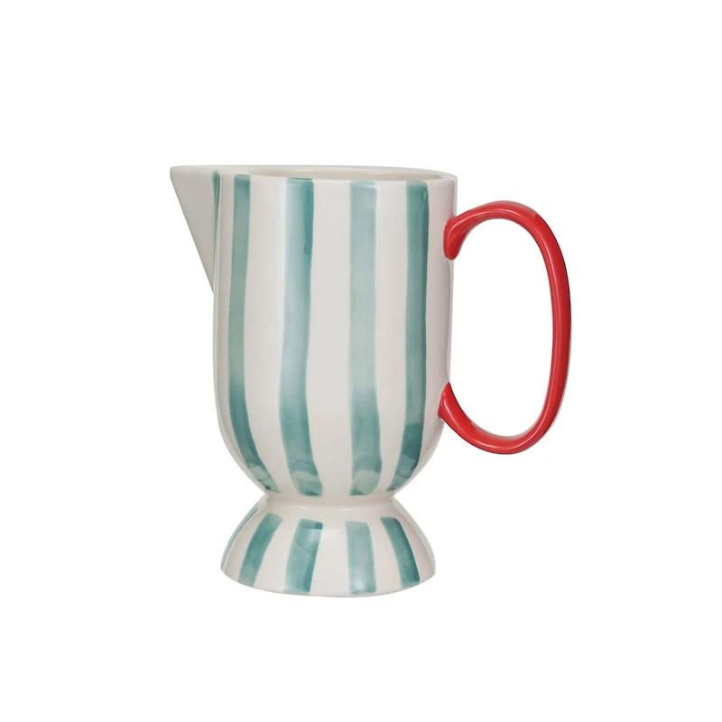Hello Honey® 1qt. Red, Aqua & Cream Hand-Painted Stoneware Footed Pitcher with Stripes
