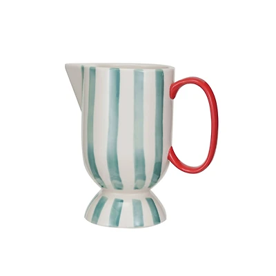 Hello Honey® 1qt. Red, Aqua & Cream Hand-Painted Stoneware Footed Pitcher with Stripes