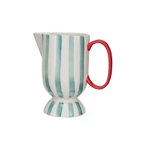 Hello Honey® 1qt. Red, Aqua & Cream Hand-Painted Stoneware Footed Pitcher with Stripes