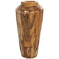 Brown Teak Wood Handmade Tall Floor Vase with Mosaic Live Edge