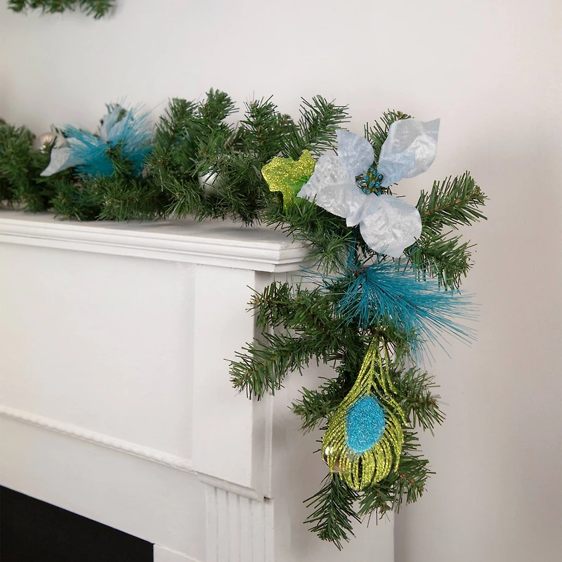 Pre-Decorated Peacock Feathers & Poinsettias Artificial Garland, Unlit