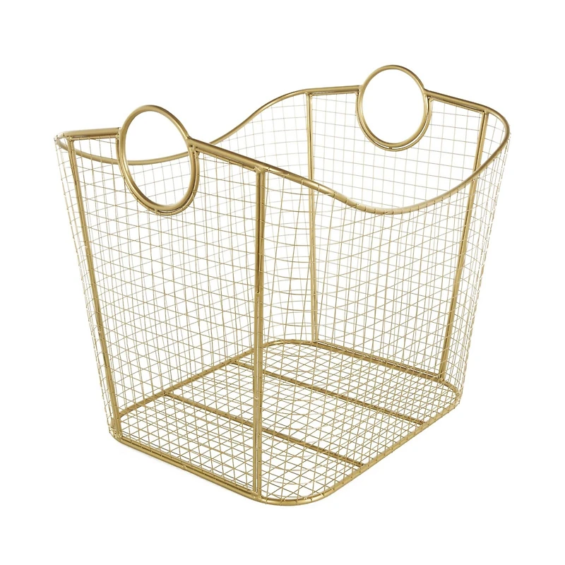 20" Gold Metal Storage Basket with Curved Sides & Ring Handles