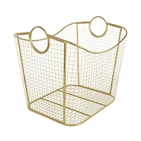 20" Gold Metal Storage Basket with Curved Sides & Ring Handles