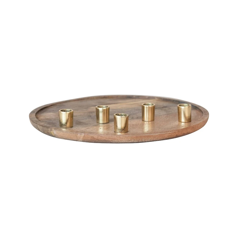 Hello Honey® 15.5" Decorative Natural & Gold Finish Mango Wood & Aluminum Tray Taper Candleholder