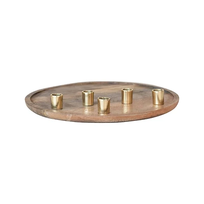 Hello Honey® 15.5" Decorative Natural & Gold Finish Mango Wood & Aluminum Tray Taper Candleholder