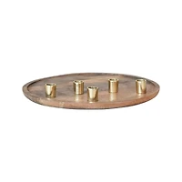 Hello Honey® 15.5" Decorative Natural & Gold Finish Mango Wood & Aluminum Tray Taper Candleholder